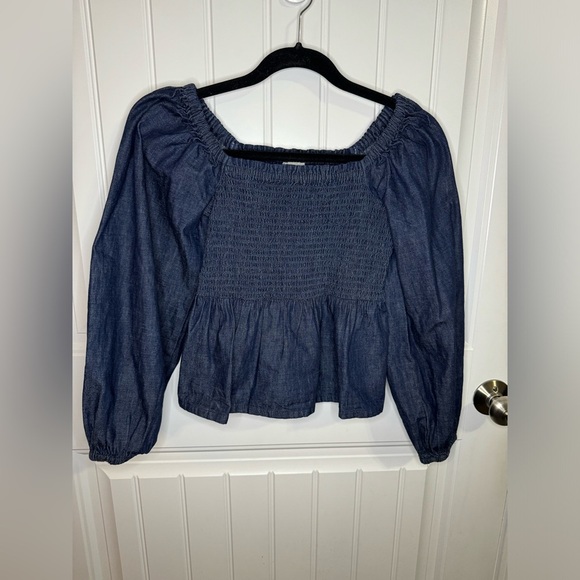 J Crew Long Puff Sleeve Chambray Top Dark Wash Smocked Top - Picture 2 of 5